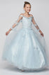 Big Girls Blue Off Shoulder Long Sleeve Rhinestone  Pageant Dress 8-16 - SophiasStyle.com